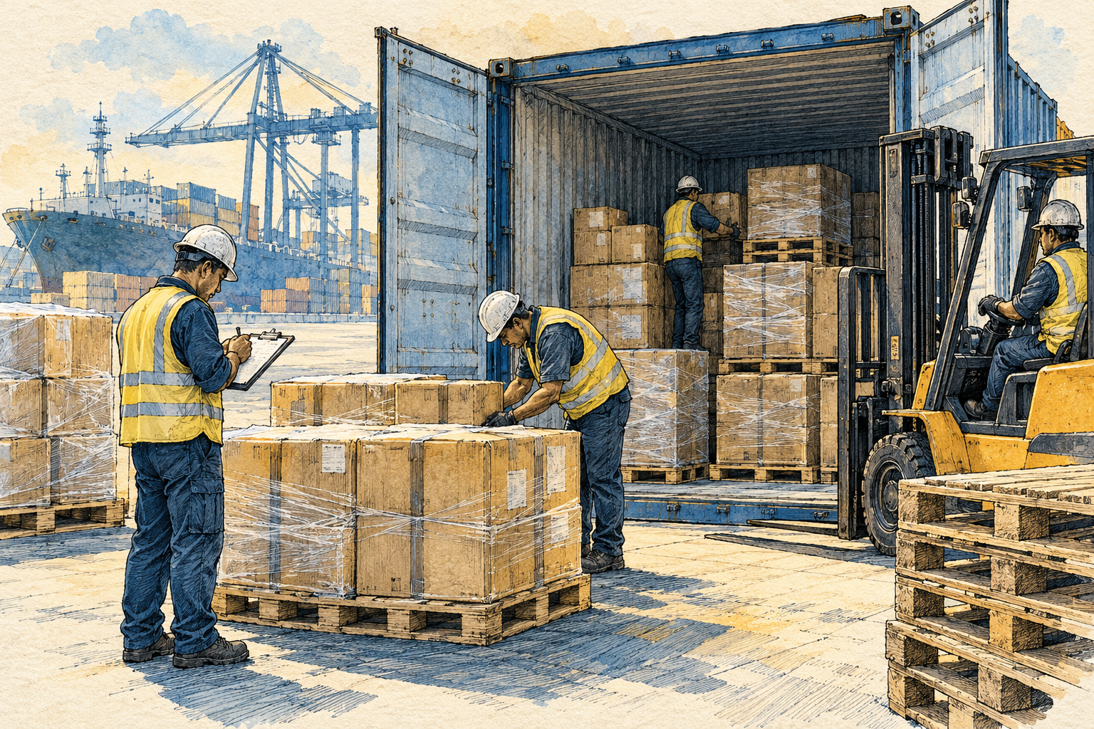 Ink and watercolor drawing of a crew checking unloaded cartons and pallets