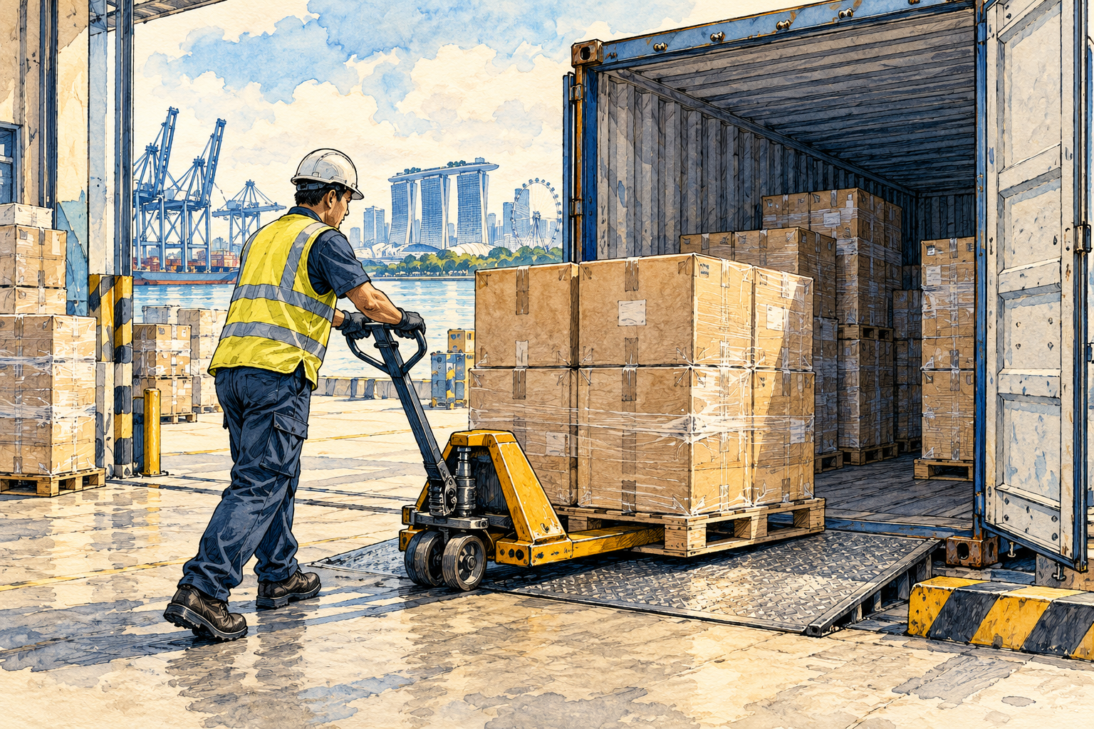Ink and watercolor drawing of container unloading