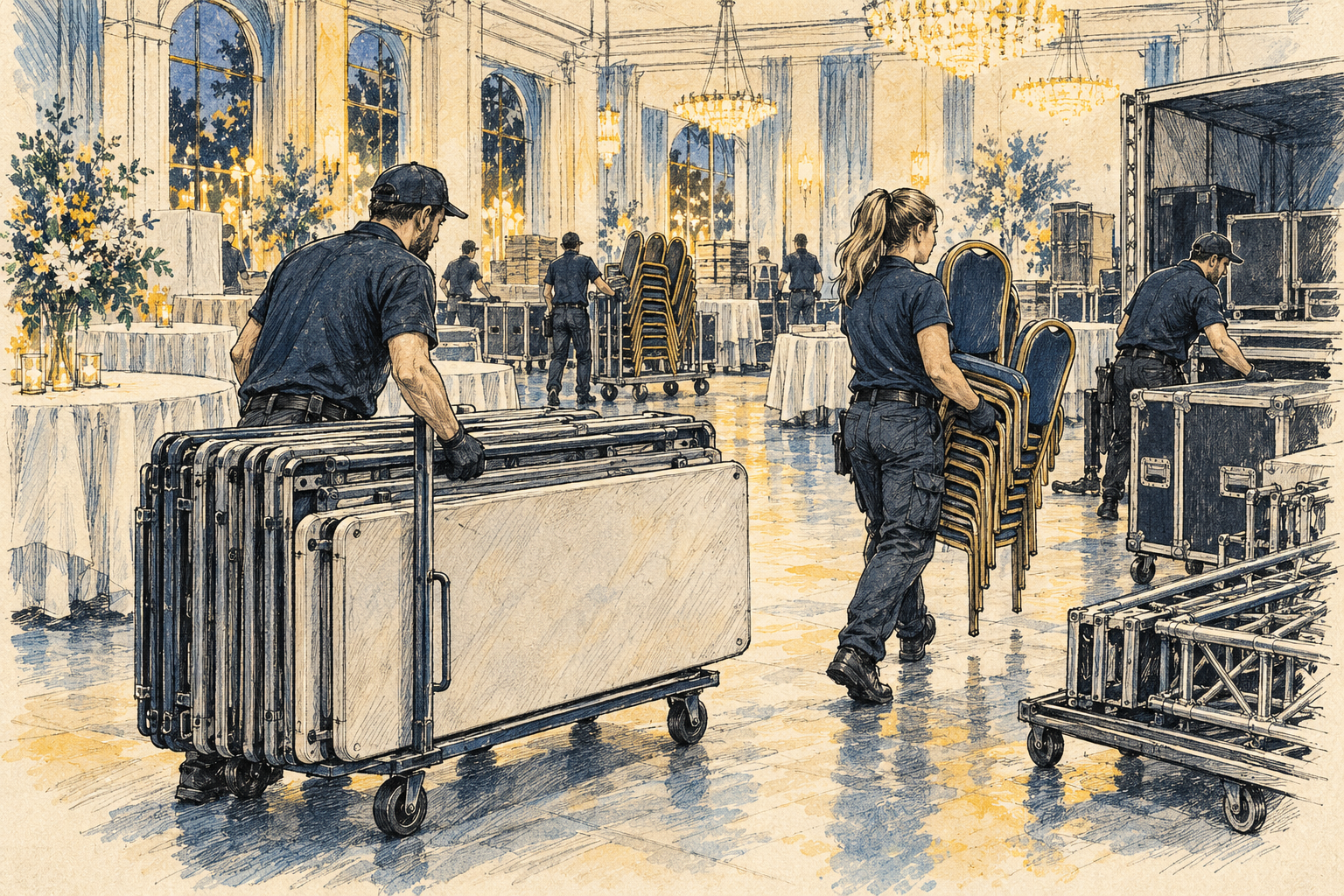Ink and watercolor drawing of event equipment collection at a venue