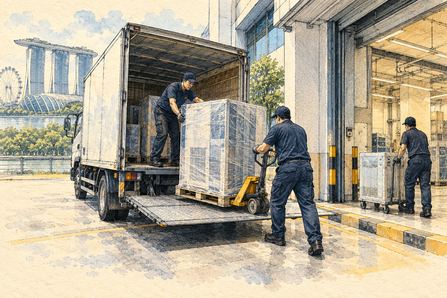 Ink and watercolor drawing of equipment delivery from a tailgate lorry