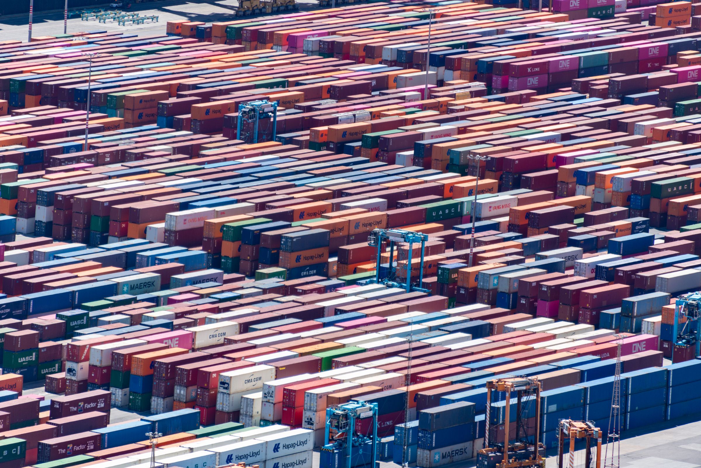 Aerial view of a working container port